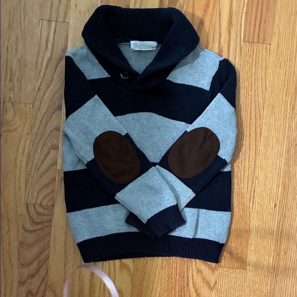Crewcuts Navy and Gray Striped Shawl neck Sweater with Brown Patches